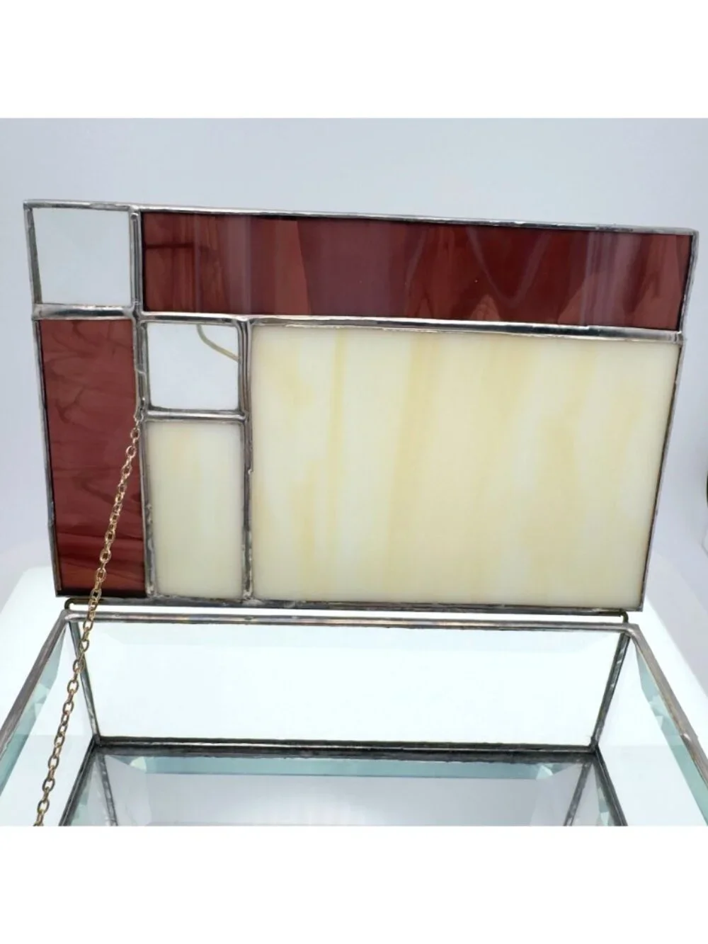 Stained Glass Trinket Jewelry Box Geometric Purple Clear Panels 6.5